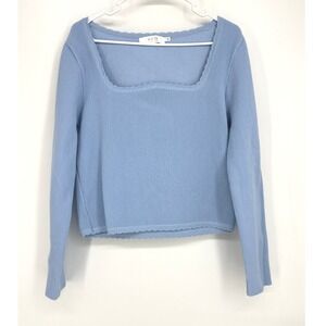 ASTR The Label‎ Blue Ribbed Knit Long Sleeve Top Scalloped Neckline Womens